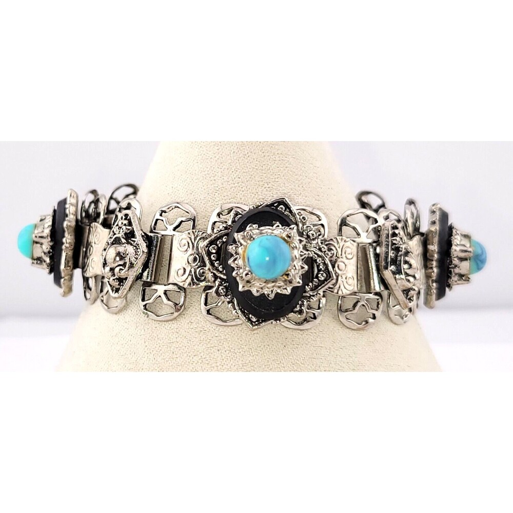 Chunky Vintage Turquoise Blue Lucite Cabochon Silver Openwork Bracelet 7"